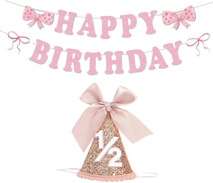 Half Birthday Hat Decorations 2 Set-Sequined Cone 1/2 Hat Happybirthday Banner for 6 Months Baby Girls Bow Birthday Party Decorations, Bow Party Deco(Rose Gold)