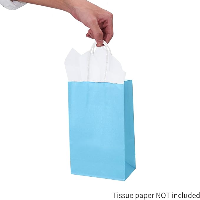DjinnGlory 100 Pack Small Sized Blue Paper Bags with Handles Bulk for Merchandises, Christmas Gifts, Baby Blue Party Goodie Bags for Birthdays, Baby Showers, Weddings, 9x5.5x3.15 Inch