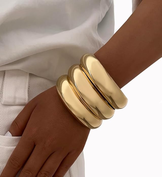 Chunky Gold Bangle Bracelets for Women, Dainty 14k Gold Plated Big Stackable Bangles Set, Trendy Statement Cuff Bracelet Stack Fashion Jewelry Christmas Gifts