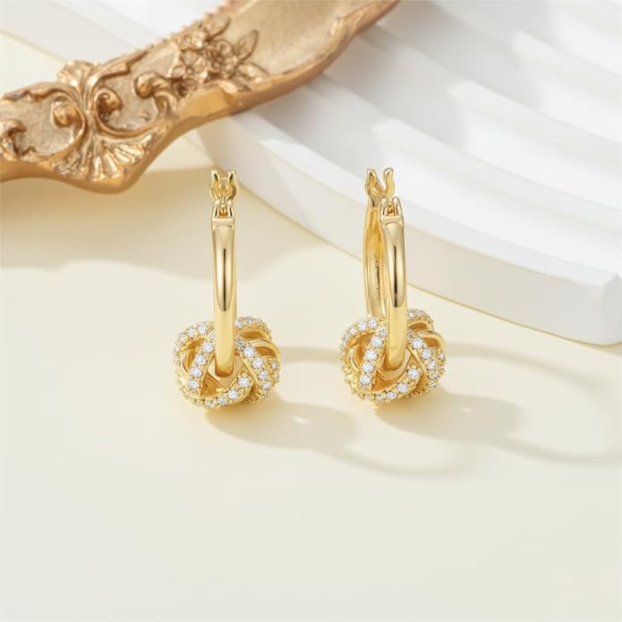 14K Gold Plated Hoop Earrings for Women Gold Plated Earrings for Women Gold Knot Earring for Womens Hoops Hypoallergenic Rotating Love Knot Design Dainty Dangle Drop Earring