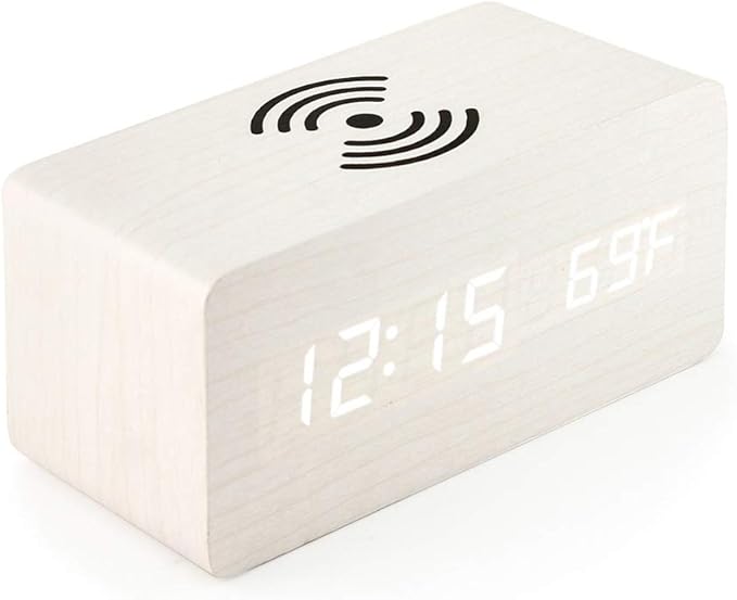 OCT17 Alarm Clock with Qi Wireless Charging Pad Compatible with iPhone Samsung Wood LED Digital Clock Sound Control Function, Time Date, Temperature Display for Bedroom Office Home - White