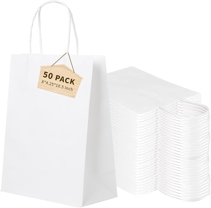 FACEBAG 50 PCS White Paper Bags with Handles Bulk, 8x4.25x10.5 Inches,Medium-sized White Gift Bags with Handles for Party Favors，Take-Out，Grocery Shopping & Retail，Reusable & Durable