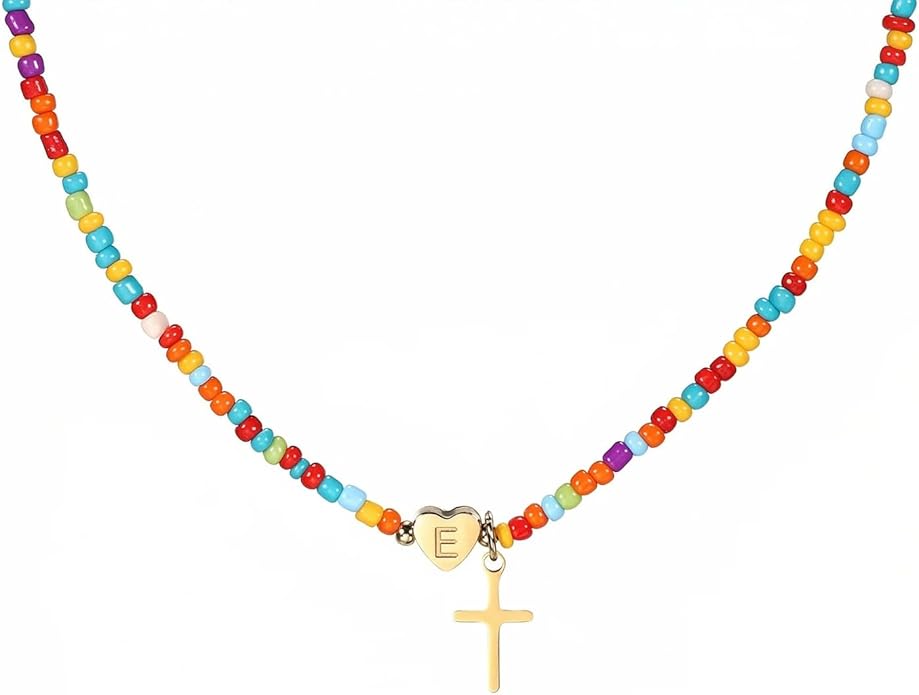 Colorful Initial Cross Necklace for Girls Women Kids - Teen Girls Gifts Trendy Stuff Beaded Letter Cross Choker Necklace for Girls Gifts Jewelry