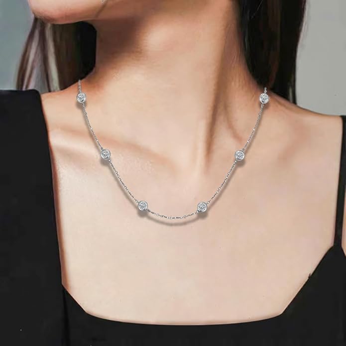 Vintage Collarbone Necklace with VVS1 D-color Round-cut Diamond, Great Gift for Girlfriend, Choice for Special Occasions or Romantic Evenings Out,Chain Length: 15.75 Inch