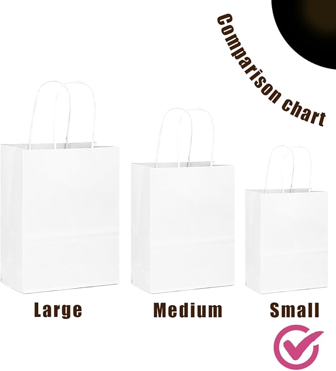 qiqee 200-Packs White Paper Gift Bags with Handles Bulk 8.3"x6"x3.15" Small Size Paper Bags Multiple Uses