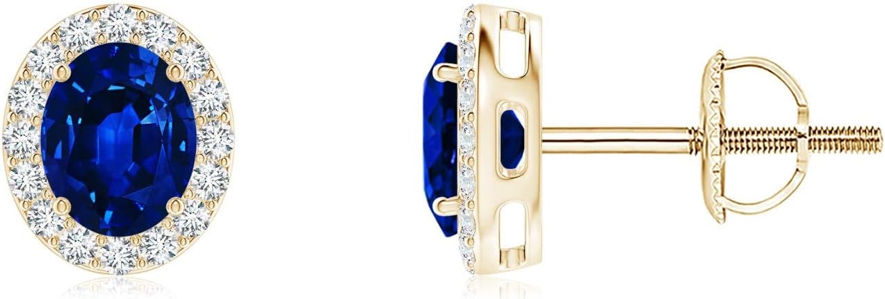 ANGARA Natural Blue Sapphire Earrings for Women | Prong-Set Oval Blue Sapphire Stud Earrings with Diamond Halo in 14K Solid Gold/Platinum | September Birthday, Anniversary, Gemstone Jewellery Gift
