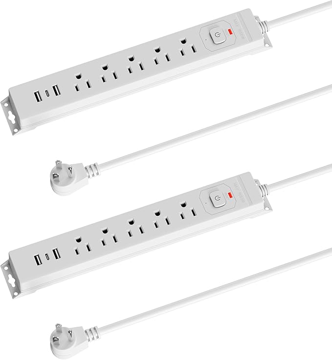 [2-Pack] 10 Ft Power Strip Surge Protector with USB Ports, Flat Plug Extension Cord, 5 AC Outlets and 3 USB Charging Ports, Wall Mountable, ETL Listed – White for Home, Office, Dorm