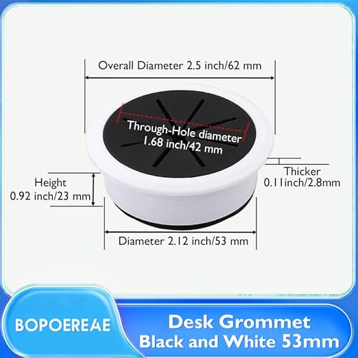 Desk Grommet 2-1/16" (53 mm), Desk Hole Cover for Cables White and Black, Cable Grommet ABS Plastic, Desk Hole Grommet for Office and Home Table Cable, Flexible Cable Cord Organizer-2 Pcs