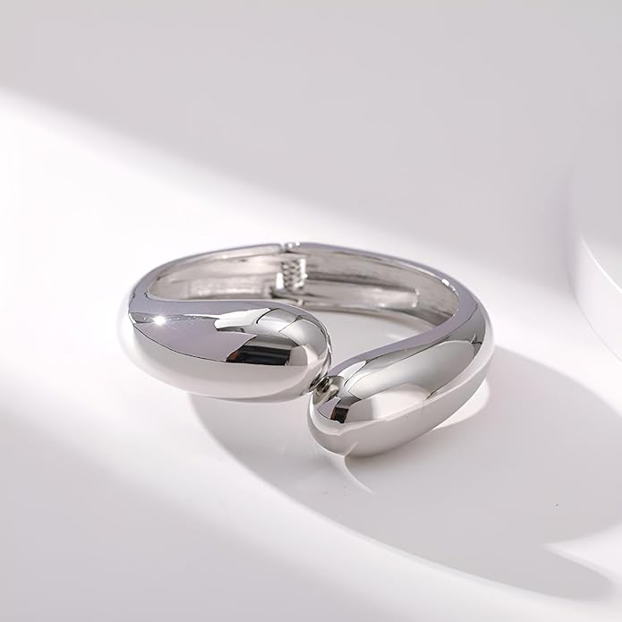 Golden Polished Chunky Twisted Hinged Waterdrop Bangle Bracelet for Women Spiraled Oval Bangle Bracelet