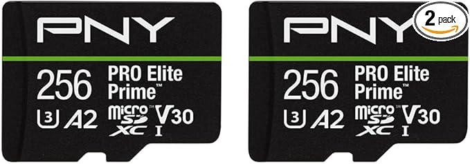 PNY 256GB PRO Elite Prime™ C10 U3 V30 A2 microSDXC Flash Memory Card – Ultra-Fast Speeds, Read 200MB/s, Write 150MB/s, 4K UHD, Full HD, UHS-I, for Smartphones, Drones, Action Cameras, 2-Pack