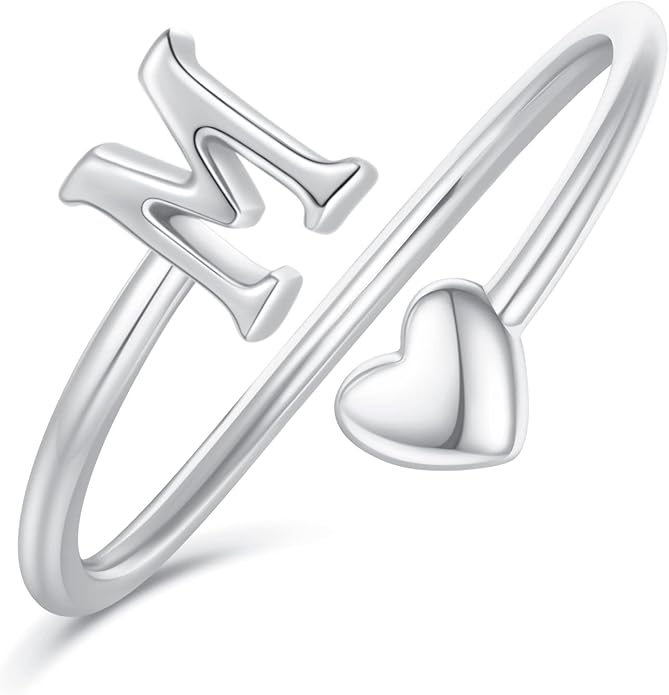 Initial Rings for Women Girls - Valentines Day Gifts for Her, Adjustable Rings for Women Non Tarnish Letter A-Z Dainty Heart Ring Teen Girls Gifts Trendy Stuff Personalized Jewelry Gift