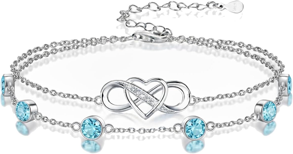 Prismata Infinity Birthstone Charm Link Bracelet 925 Sterling Silver Adjustable 12 Months Birthstone Infinity Bracelet Birthday Jewelry Gifts for Women Mom Her,with 7"+2" chain