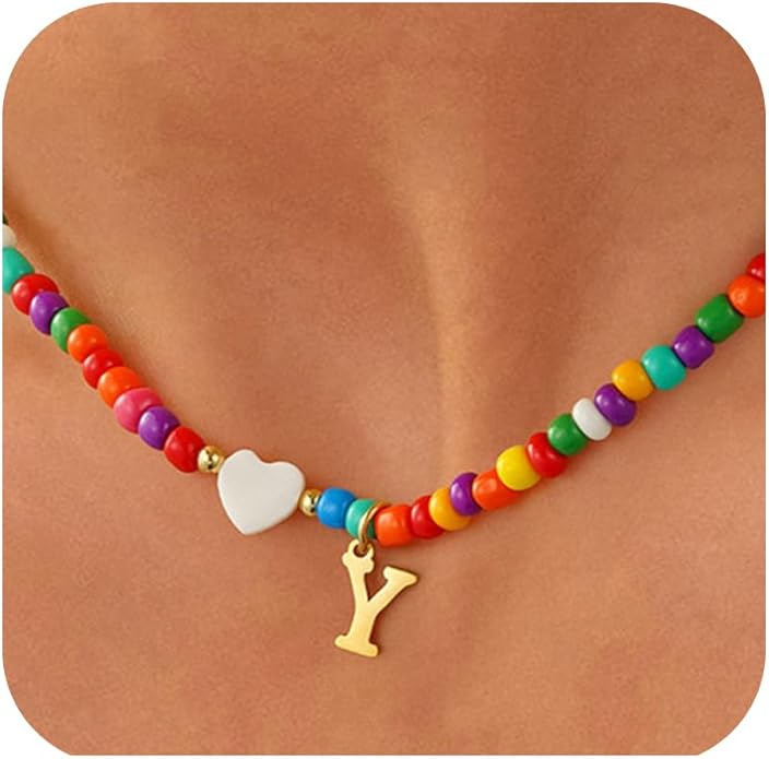 Valentines Day Gifts for Kids Women Girls - Colorful Beaded Initial Necklace Teen Girls Trendy Stuff Dainty Letter A-Z Choker Necklace Valentines Day Gifts for Her Mom Jewelry
