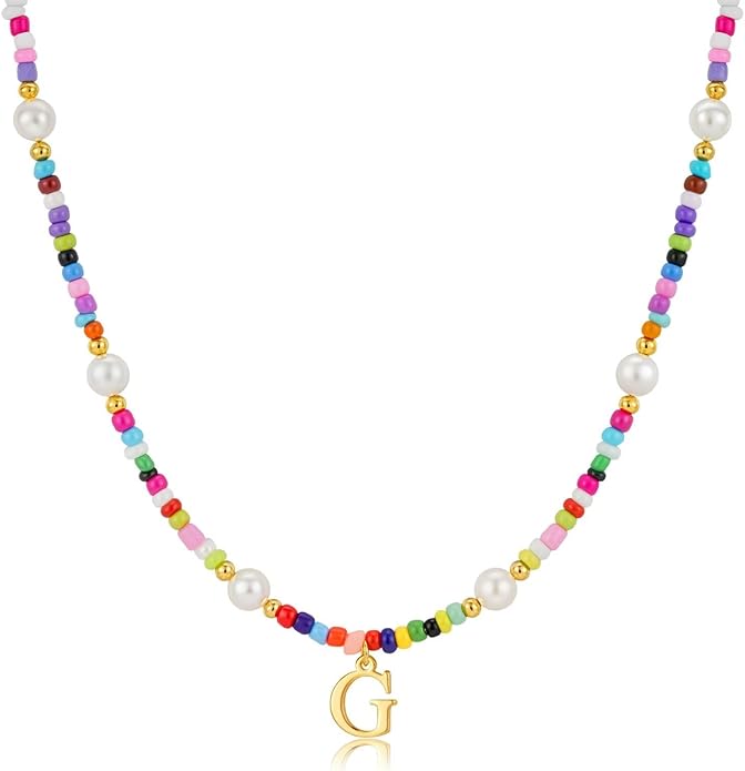 M MOOHAM Valentines Day Gifts for Kids Teen Girls - Colorful Initial Necklaces for Girls Women Kids, Beaded Pearl Choker Necklace for Women Trendy, Birthday Gifts Teenage Girl Teen Kid Jewelry