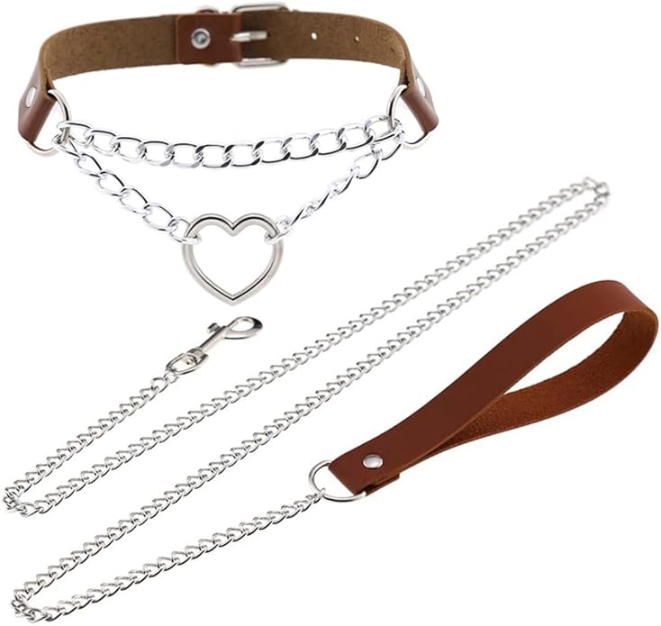 Harajuku Peach Heart Choker Punk Hauling Chain PU Leather Collar Gothic Necklace NightClub Goth Leash Belts
