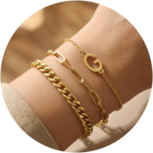 14K Gold Plated Bracelets for Women, A–Z Initial Charm Bangles Jewelry Set, Elegant Gold Accessories, Friendship Bracelet Gifts for Mom
