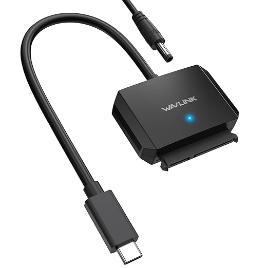 WAVLINK SATA to USB Type-C Hard Drive Cable, 5Gbps USB C to Sata Cable Support UASP, External Hard Drive SATA I/II/III Connector 2.5" SSD/HDD and 3.5" HDD up to 20TB, Power Adapter Included