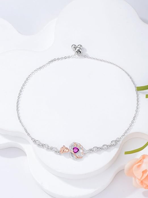 Birthstone Charm Link Bracelet 925 Sterling Silver Rose/Heart/Mom Bracelet with 12 Months Birthstone Mother's Day Gift Jewelry Gifts for Women,Chain Length 7"+2" Extend