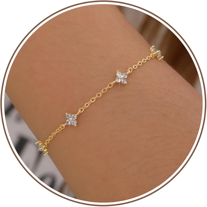 JSJOY Birthstone Bracelets for Women, 14K Gold Bracelets for Women Mom Gifts Birthday Valentines Day Gifts for Gf Dainty Flower Gift for Her Birthstone Bracelet Mothers Day Gift