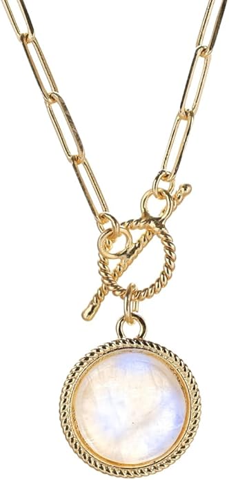 Gempires Gemstone Coin Front Toggle Pendant Necklace for Women with Gold Paperclip Chain, Natural Crystal Pendant with Toggle Clasp, Handcrafted Perfect Jewelry Gift for her