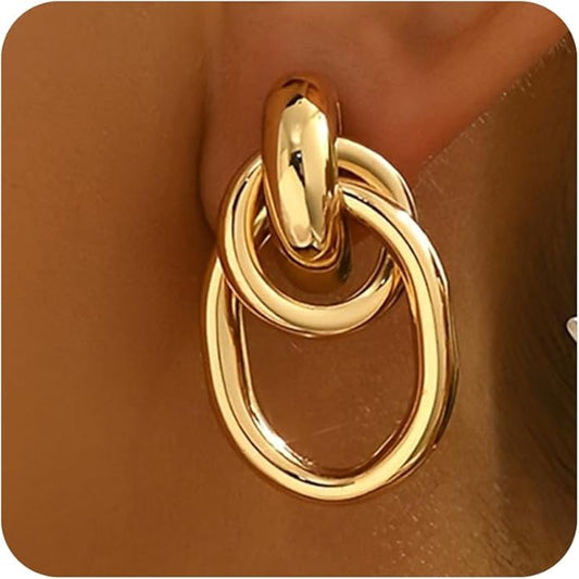 Gold Earrings for women Trendy - 14K Gold Plated Chunky Drop Dangle Knots Statement Earrings Hypoallergenic Lightweight Gold Jewelry Gifts