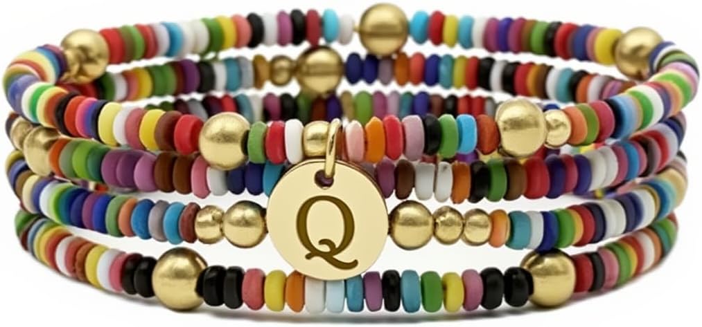 Set of 4 Colorful Bead Initial Bracelets, Personalized Stackable Jewelry, Adjustable Stretchy Charm Bracelets for Women, Beaded Bracelet Set, Trendy Custom Jewelry Gift