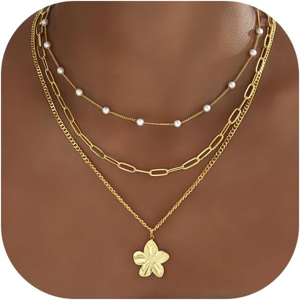 YEEZII Layered Gold Necklaces for Women Trendy, 3 Pcs 14K Gold Plated Choker Paperclip Box Chain Necklace, Stackable Women's Gold Pendant Necklaces Jewelry Set