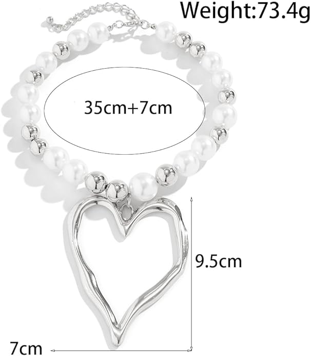 Exaggerated Heart Pendant Pearl Necklace,Charming Plated Gold Chunky Love Ball Statement Choker,Sweet Heart Beaded Collar Necklace for Women