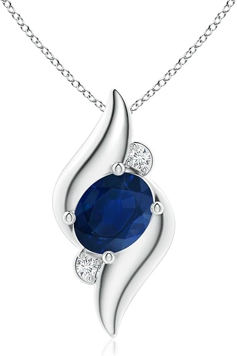 Angara Natural Blue Sapphire Pendant for Women | Shell Style Oval Sapphire and Diamond Pendant in 14K Solid Gold/Silver/Platinum With 18" Chain | September Birthday, Gemstone Jewelry Gift