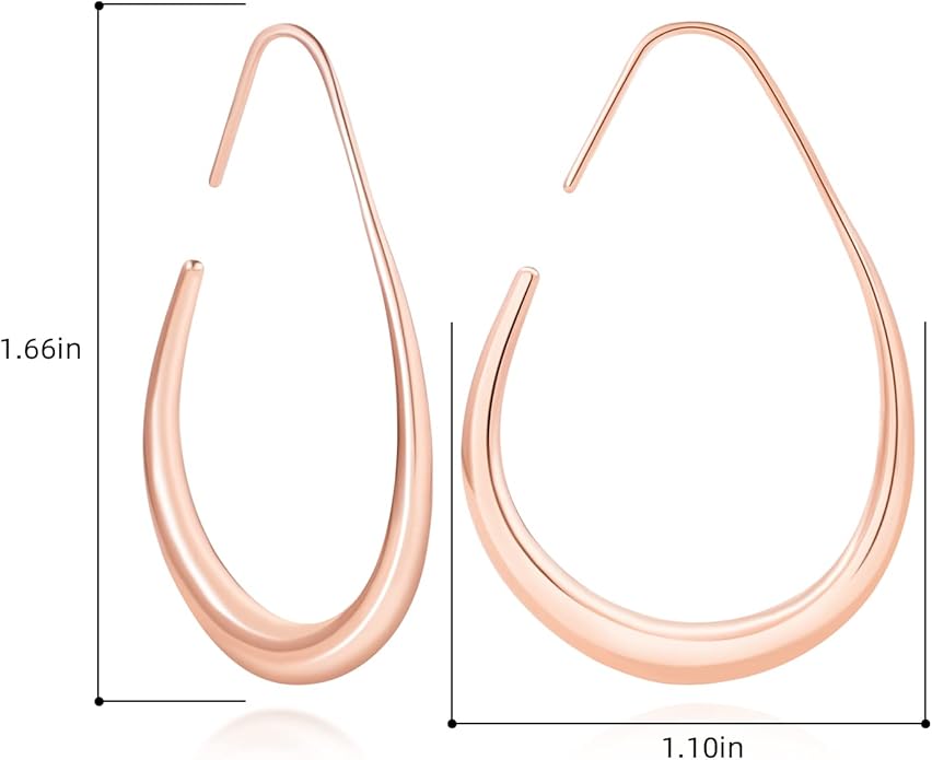Lightweight Teardrop Hoop Earrings for Women - 14k Gold/White Gold Plated Large Oval Pull Through Hoop Earrings High Polished Statement Jewelry Gift for Women