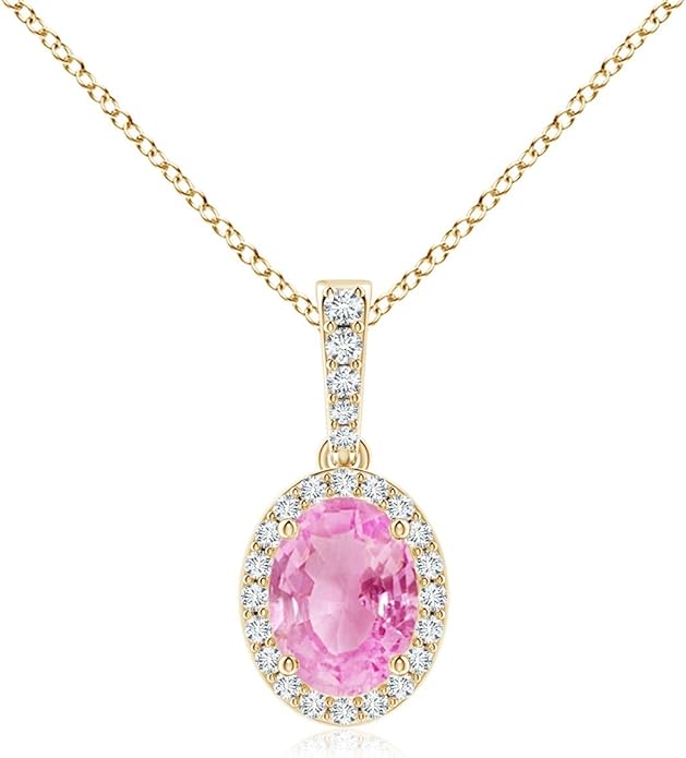 Angara Natural Pink Sapphire Pendant for Women | Vintage Style Oval Pink Sapphire Halo Pendant in 14K Solid Gold/Platinum With 18" Chain | Birthday, Anniversary, Gemstone Jewelry Gift