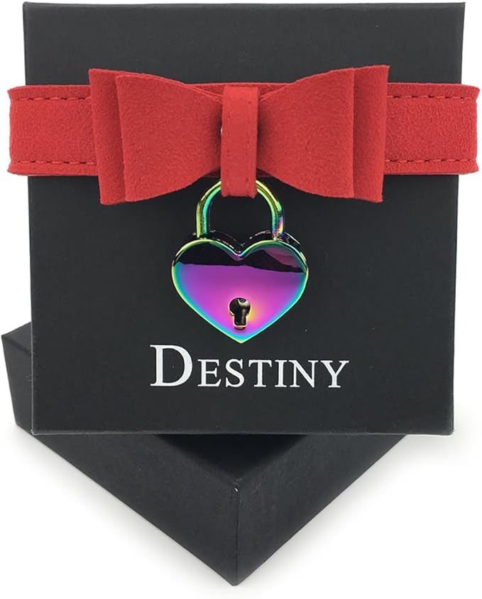 Destiny Love Bell Padlock Choker Collar Necklace Lolita Bow Collar Cat Kitty Velvet Necklace with Heart Lock and Key with Box for Women and Men