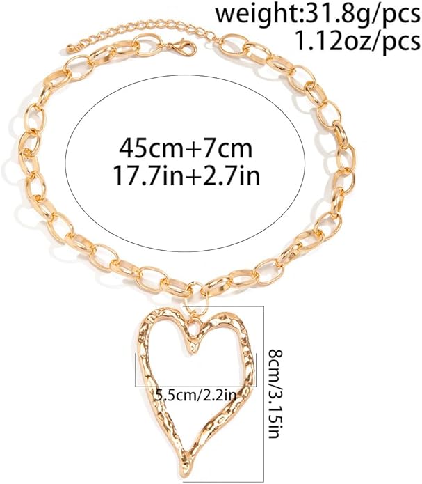 Bold Big Chunky Gold Heart Necklace for Women, Unique Large Thick Hollow Love Heart Pendant Chain Choker Necklaces Punk Party Prom Y2K Jewelry Gifts