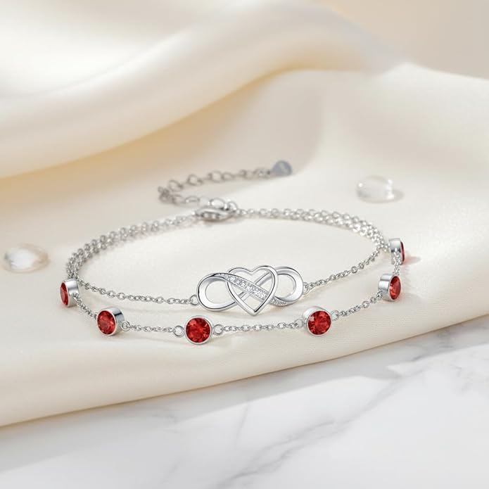 Prismata Infinity Birthstone Charm Link Bracelet 925 Sterling Silver Adjustable 12 Months Birthstone Infinity Bracelet Birthday Jewelry Gifts for Women Mom Her,with 7"+2" chain
