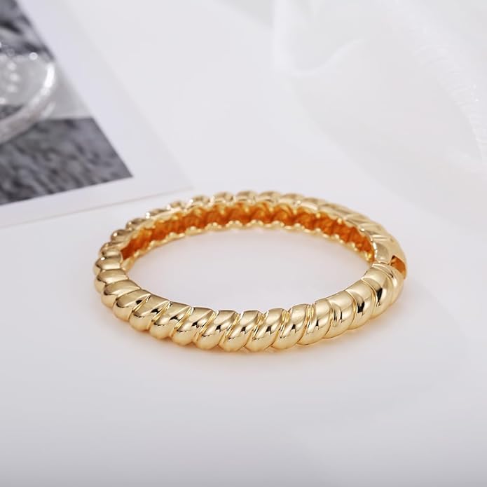 Golden Polished Chunky Twisted Hinged Waterdrop Bangle Bracelet for Women Spiraled Oval Bangle Bracelet