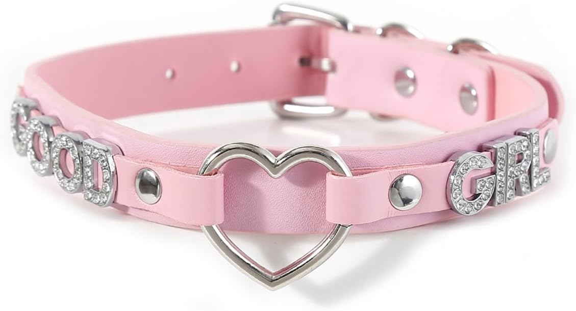Succuba Handmade Heart Ring Rhinestone Letter Pu Leather Choker Collar Necklace for Women and Men
