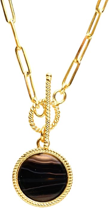 Gempires Gemstone Coin Front Toggle Pendant Necklace for Women with Gold Paperclip Chain, Natural Crystal Pendant with Toggle Clasp, Handcrafted Perfect Jewelry Gift for her
