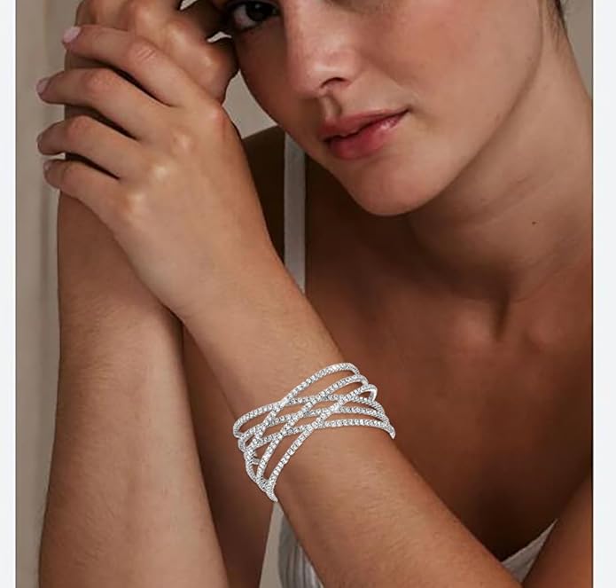 Rhinestone Bracelet for Women MultiLayer Crystal Cuff Bracelet Strand Layered Bracelet