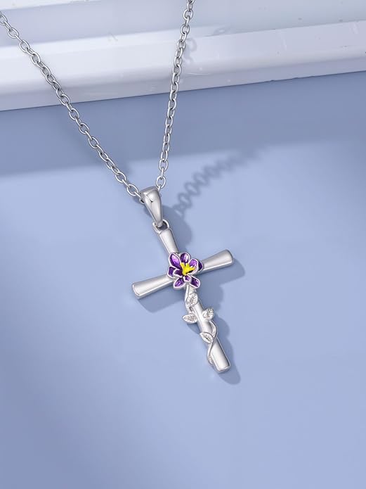 Flower Necklace Sunflower/Violet/Daffodil Necklace Sterling Silver Flower Cross Pendant Jewelry Gifts for Women