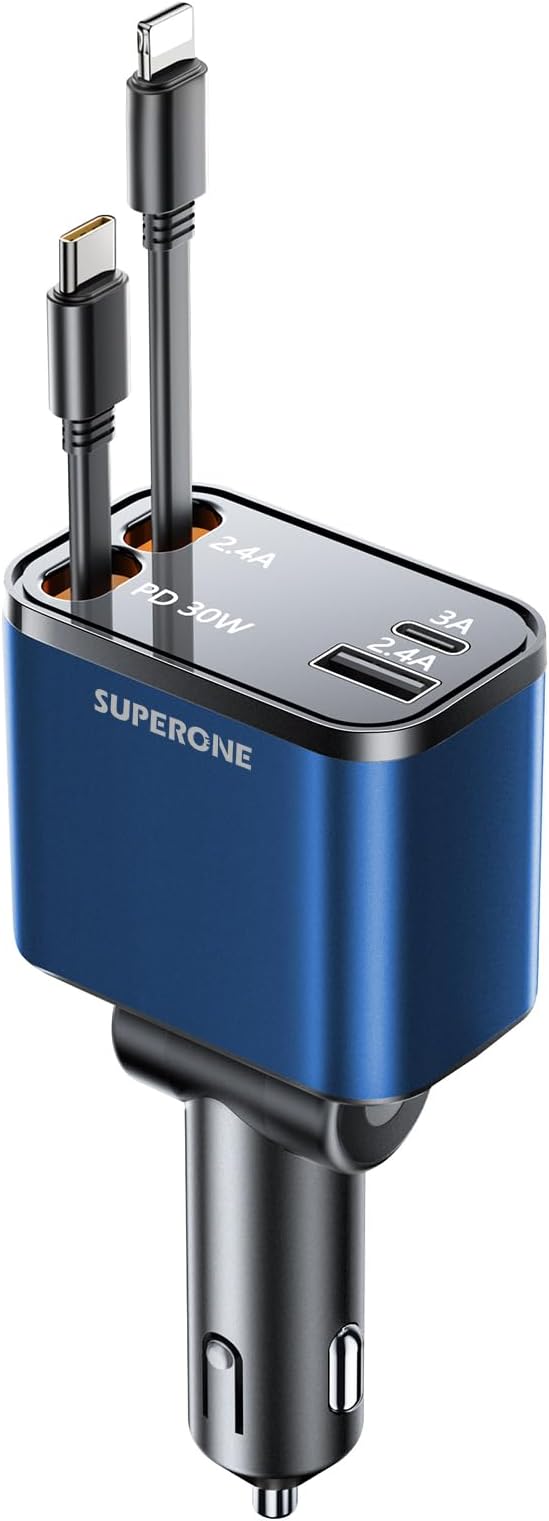[2024 Upgraded] 4 in 1 Retractable Car Charger, SUPERONE Smaller Fast Car Phone Charger 69W with Cord, USB C and iPhone Car Charger Adapter, Compatible iPhone 15/15 Pro Max/14/13/12/11, Sumsung