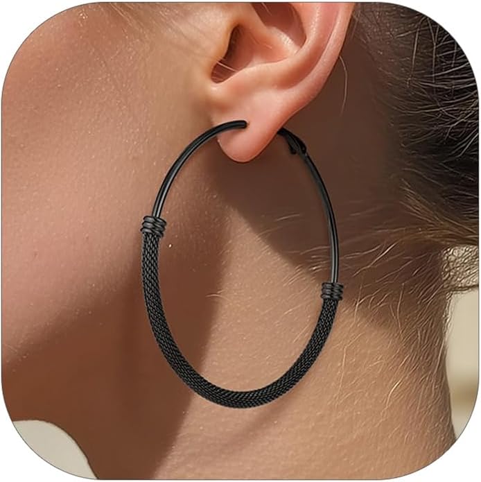 KeyStyle Mesh Hoop Earrings for Women, Stainless Steel Gold Hoops Earring Lightweight Loops, 2MM Thick Hypoallergenic Circle Endless Hollow Hoop 20mm-80mm