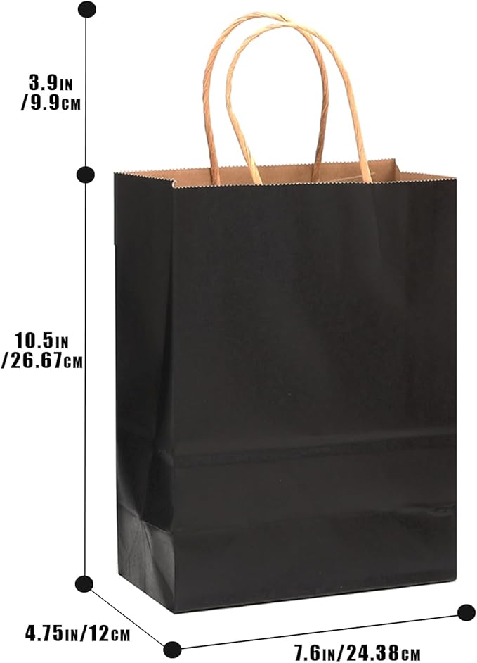qiqee 200-Packs Black Paper Gift Bags with Handles Bulk 10.6"x8.3"x4.3" Medium Size Paper Bags Multiple Uses