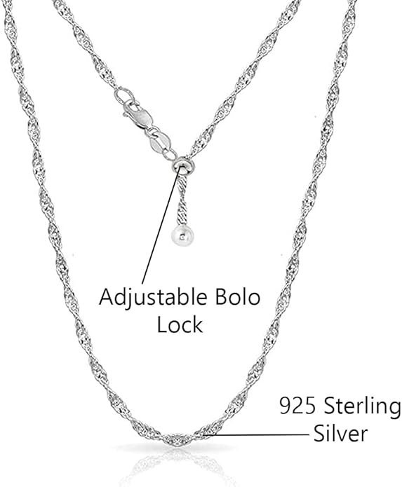 Savlano 925 Sterling Silver Italian Solid 1.5MM Singapore Twist Adjustable Bolo 14-24 Inch Chain Necklace For Women - Made in Italy Comes With a Gift Box