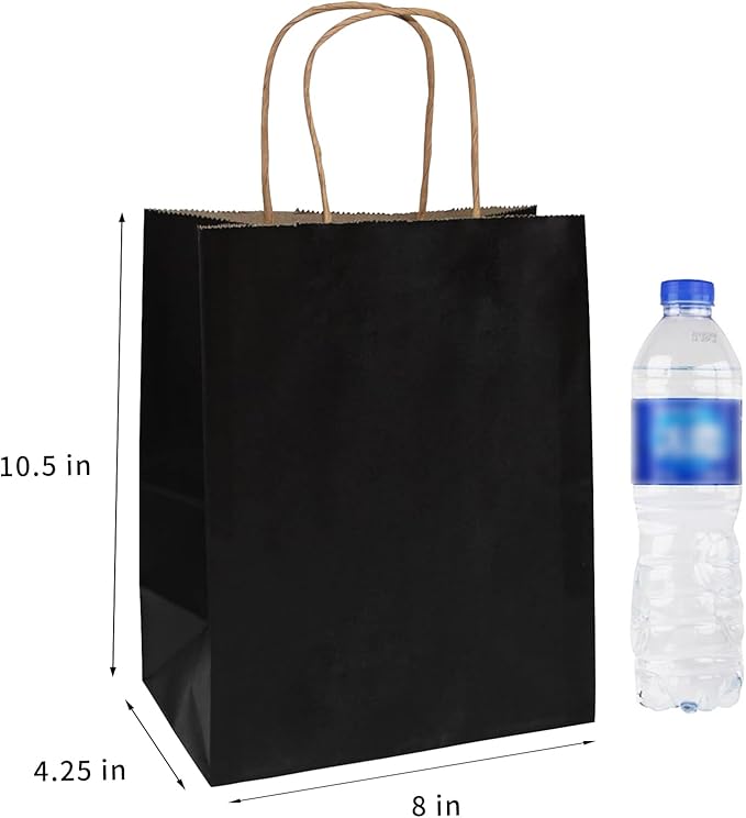 FACEBAG 100 Pack Medium 8x4.25x10.5 inch Black Gift Paper Bags with Handles Bulk, Kraft Bags, Craft Grocery Shopping Retail Party Favors Wedding Bags
