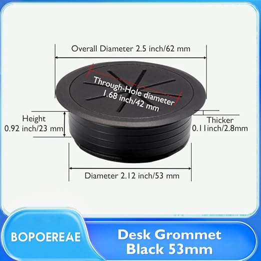 Desk Grommet 2-1/16" (53 mm), Desk Hole Cover for Cables Black, Cable Grommet ABS Plastic, Desk Hole Grommet for Office and Home Table Cable, Detachable & Flexible Cable Cord Organizer-2 Pcs