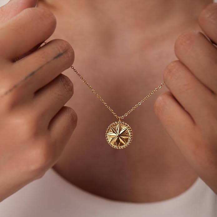IBARA Women Gold Dianty Necklace Sun Crescent Moon Star Evil Eye Lock Lovely Heart Flower Butterfly Pearl Pendant Coin Necklaces 18K Gold CZ Diamond Filled Chain Boho Beach Simple Handmade Jewelry