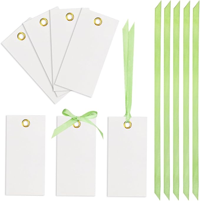 25 Pcs Name Place Cards Blank Seat Card, 2 x 4 in Table Cards with Stain Ribbon, Wedding Place Card, Hanging Tags for Wedding table Setting Reserved Chairs Signs Dinner Banquet Parties.(Sage Green)