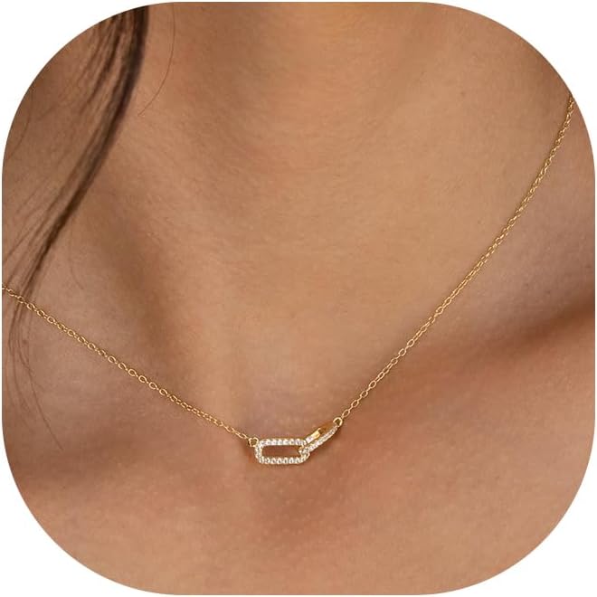 14K Gold & Sterling Silver Plated Pendant Necklaces for Women - Dainty CZ Paperclip Choker, Simple Oval Interlock Necklace, Trendy Cute Jewelry