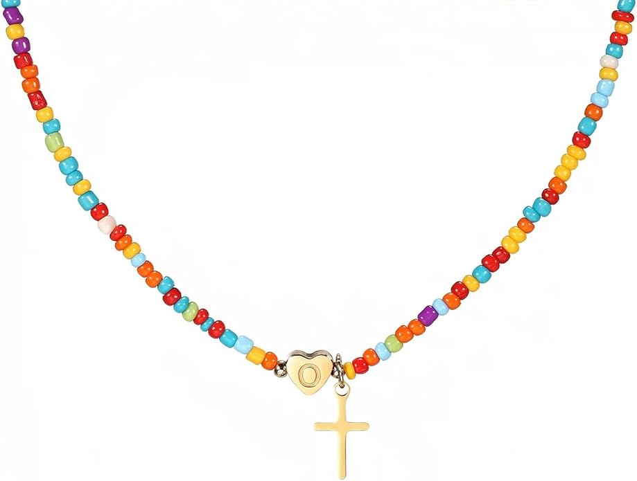 Colorful Initial Cross Necklace for Girls Women Kids - Teen Girls Gifts Trendy Stuff Beaded Letter Cross Choker Necklace for Girls Gifts Jewelry