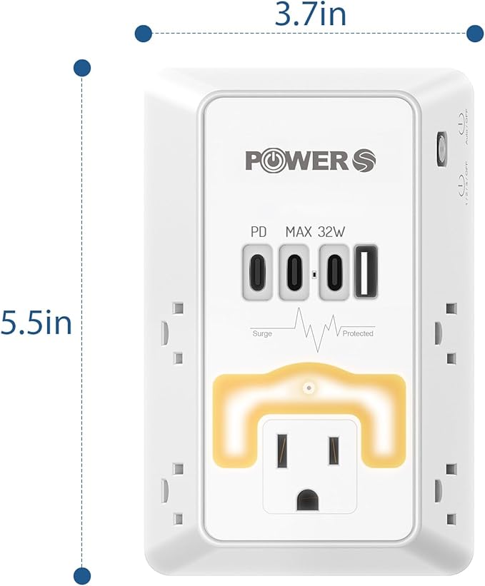 20W PD Fast Charging Wall Outlet with USB Ports (3C1A), Electrical Outlet Extender with Night Light, Surge Protector, Wall Plug Adapter for Multiple Devices, Wall Socket Expander